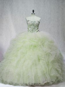 Pretty Yellow Green Ball Gowns Sweetheart Sleeveless Tulle Brush Train Lace Up Beading 15th Birthday Dress