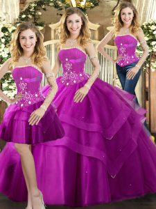 Delicate Floor Length Fuchsia Quinceanera Gowns Tulle Sleeveless Beading and Ruffled Layers