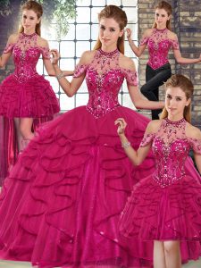 Delicate Sleeveless Tulle Floor Length Lace Up Sweet 16 Dresses in Fuchsia with Beading and Ruffles