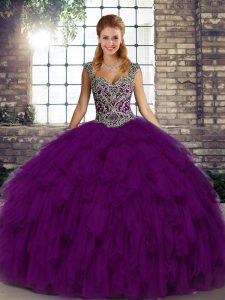 Purple Straps Neckline Beading and Ruffles Sweet 16 Dresses Sleeveless Lace Up