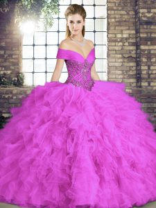 Perfect Lilac Ball Gowns Off The Shoulder Sleeveless Tulle Floor Length Lace Up Beading and Ruffles Quince Ball Gowns