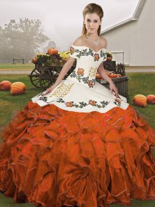 Fine Rust Red Off The Shoulder Lace Up Embroidery and Ruffles Sweet 16 Dresses Sleeveless