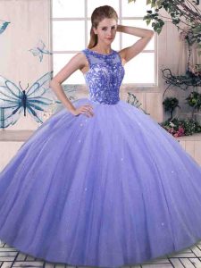 Tulle Scoop Sleeveless Lace Up Beading Sweet 16 Dresses in Lavender