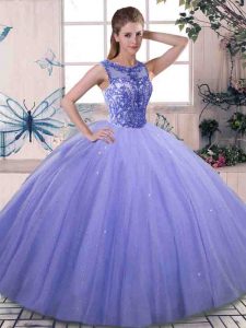 Tulle Scoop Sleeveless Lace Up Beading Sweet 16 Dresses in Lavender