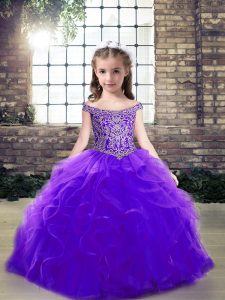 Purple Ball Gowns Tulle Off The Shoulder Sleeveless Beading and Ruffles Floor Length Lace Up Little Girls Pageant Dress Wholesale