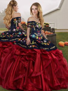 Sleeveless Floor Length Embroidery and Ruffles Lace Up Quinceanera Gown with Red And Black