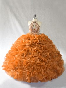 Lace Up 15th Birthday Dress Orange and Brown for Sweet 16 and Quinceanera with Beading and Ruffles Brush Train