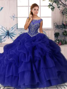 Sleeveless Beading and Pick Ups Zipper Ball Gown Prom Dress with Purple Brush Train
