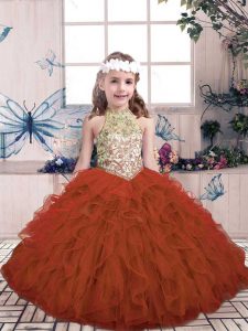 Tulle High-neck Sleeveless Lace Up Beading and Ruffles Kids Formal Wear in Rust Red
