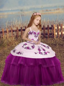 Perfect Fuchsia Straps Side Zipper Embroidery Little Girls Pageant Dress Sleeveless