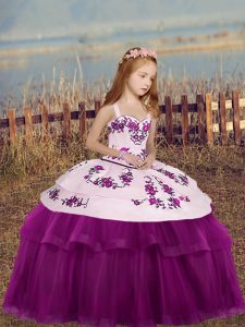 Perfect Fuchsia Straps Side Zipper Embroidery Little Girls Pageant Dress Sleeveless