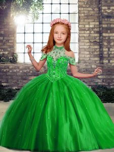 Tulle Lace Up Kids Pageant Dress Sleeveless Floor Length Beading