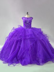 Fancy Purple Scoop Lace Up Beading and Ruffles Quinceanera Dress Brush Train Sleeveless