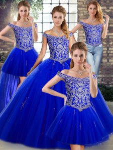 Admirable Sleeveless Floor Length Beading Lace Up Ball Gown Prom Dress with Royal Blue