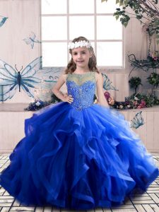 Royal Blue Ball Gowns Scoop Sleeveless Tulle Floor Length Lace Up Beading and Ruffles Pageant Gowns For Girls
