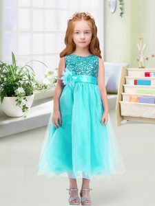 Most Popular Scoop Sleeveless Zipper Pageant Gowns For Girls Aqua Blue Organza