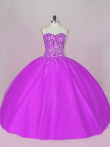 Modest Floor Length Ball Gowns Sleeveless Purple Quinceanera Gowns Lace Up