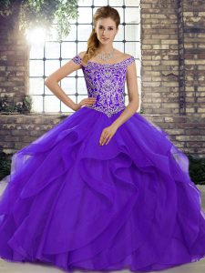 Purple Tulle Lace Up Off The Shoulder Sleeveless Vestidos de Quinceanera Brush Train Beading and Ruffles
