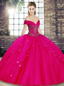 Fine Fuchsia Off The Shoulder Neckline Beading and Ruffles Ball Gown Prom Dress Sleeveless Lace Up