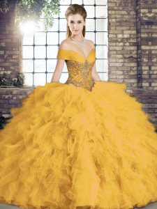 Sophisticated Tulle Off The Shoulder Sleeveless Lace Up Beading and Ruffles Quinceanera Gown in Gold