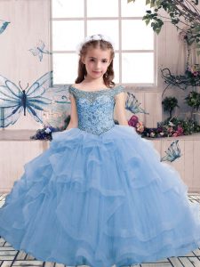 Light Blue Tulle Lace Up Scoop Sleeveless Floor Length Little Girls Pageant Dress Beading and Ruffles