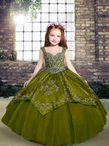 Sleeveless Floor Length Beading and Embroidery Lace Up Girls Pageant Dresses with Olive Green