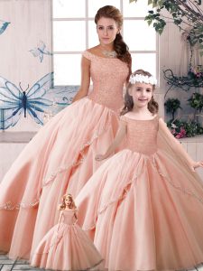 Fitting Off The Shoulder Sleeveless Brush Train Lace Up Sweet 16 Dress Peach Tulle