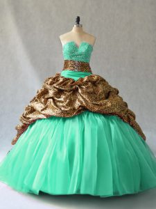 Cute Lace Up Quinceanera Dress Aqua Blue and Turquoise for Sweet 16 and Quinceanera with Beading and Pick Ups Brush Train