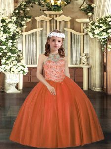 Hot Sale Rust Red Ball Gowns Tulle Halter Top Sleeveless Beading Floor Length Lace Up Little Girls Pageant Gowns