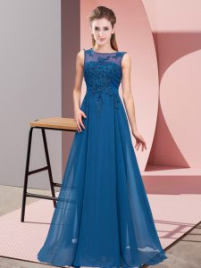 Scoop Sleeveless Vestidos de Damas Floor Length Beading and Appliques Blue Chiffon