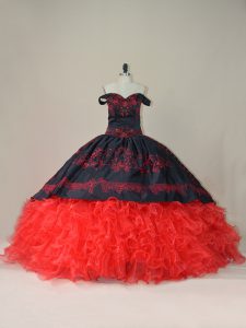 Red And Black 15 Quinceanera Dress Sweet 16 and Quinceanera with Embroidery and Ruffles Off The Shoulder Sleeveless Brush Train Lace Up