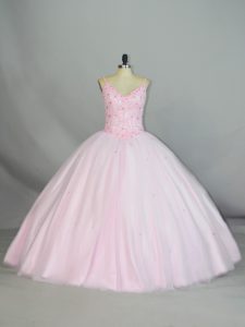 Straps Sleeveless Sweet 16 Dresses Floor Length Beading and Lace Baby Pink Tulle
