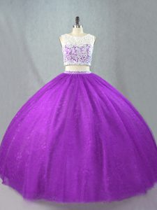 Floor Length Two Pieces Sleeveless Purple Ball Gown Prom Dress Zipper