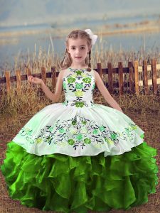 Dramatic Green Organza Lace Up Scoop Sleeveless Floor Length Kids Formal Wear Embroidery and Ruffles