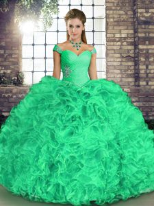 Fashionable Organza Off The Shoulder Sleeveless Lace Up Beading and Ruffles Quinceanera Gown in Turquoise