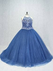 Navy Blue Tulle Lace Up Scoop Sleeveless Quince Ball Gowns Brush Train Beading