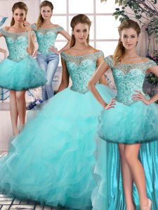 Aqua Blue Sleeveless Floor Length Beading and Ruffles Lace Up Quinceanera Gowns