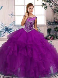 Extravagant Purple Ball Gowns Scoop Sleeveless Organza Floor Length Zipper Beading and Ruffles Quinceanera Gown