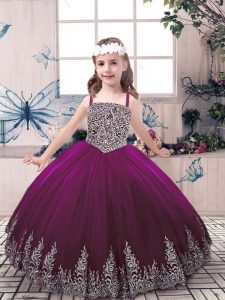 Sleeveless Tulle Floor Length Lace Up Child Pageant Dress in Eggplant Purple with Beading and Embroidery