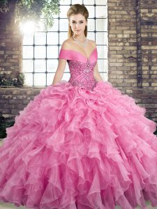 Ideal Rose Pink Sleeveless Brush Train Beading and Ruffles Ball Gown Prom Dress