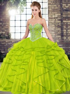 Olive Green Tulle Lace Up Sweetheart Sleeveless Floor Length 15 Quinceanera Dress Beading and Ruffles
