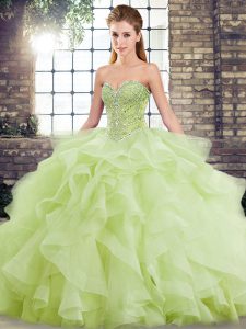 Clearance Lace Up Quinceanera Gowns Yellow Green for Military Ball and Sweet 16 and Quinceanera with Beading and Ruffles Brush Train