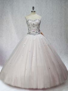 Designer Floor Length White Sweet 16 Quinceanera Dress Tulle Sleeveless Beading