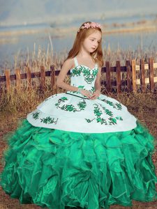 Turquoise Lace Up Straps Embroidery and Ruffles Evening Gowns Organza Sleeveless