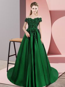 Dark Green Quinceanera Dress Satin Court Train Sleeveless Lace