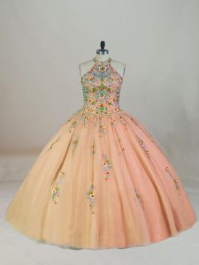 Peach Halter Top Lace Up Appliques and Embroidery Quinceanera Gown Brush Train Sleeveless