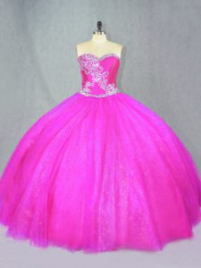 Comfortable Floor Length Fuchsia Sweet 16 Quinceanera Dress Tulle Sleeveless Beading