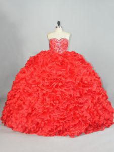 Superior Red Organza Lace Up Sweetheart Sleeveless 15 Quinceanera Dress Brush Train Beading and Ruffles