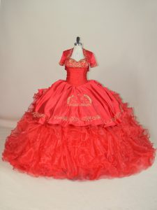 Red Sweetheart Lace Up Embroidery and Ruffles Vestidos de Quinceanera Brush Train Sleeveless