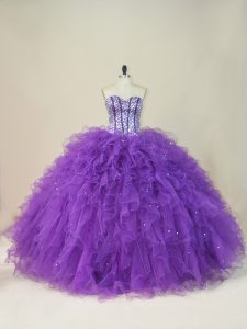 Purple Ball Gowns Tulle Sweetheart Sleeveless Beading and Ruffles Floor Length Lace Up Quinceanera Dresses